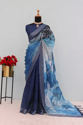 Linen Digital Print Blue Saree With Unstiched Blouse Piece-MPHL-44-BLUE